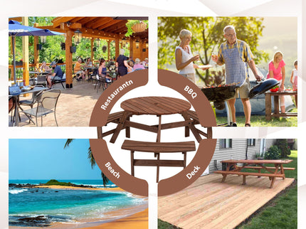 6 Person Circular Outdoor Wooden Picnic Table For Patio, Backyard, Garden, Diy With 3 Built-In Benches, 1720Lb Capacity