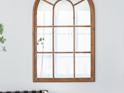 Large Arched Accent Mirror With Frame With Decorative Window Look Classic Architecture Style Solid Fir Wood Interior Decor - Brown