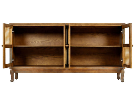 Retro Industrial 4 Door Sideboard With Large Storage, Rattan And Glass Doors