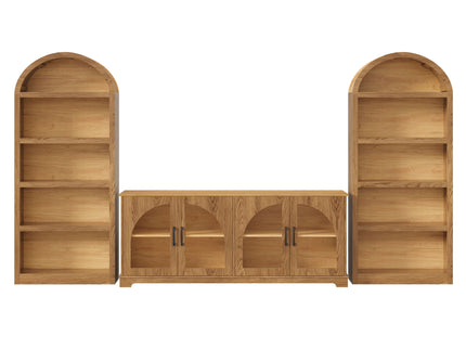 3 Piece TV Stand Set With Bookshelf With Arched Design For Living Room - Brown