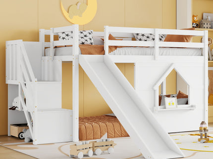 Loft Bed With Storage Stairs, Slide, Playhouse Window And 7 Colors LED Lights