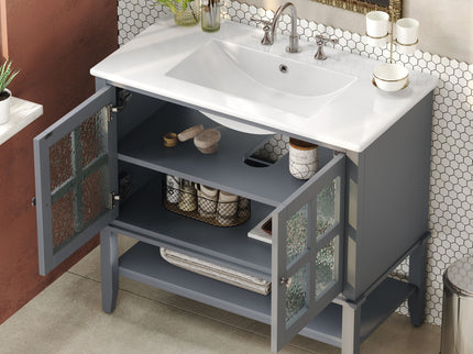 Bathroom Vanity With Ceramic Sink, Adjustable & Open Shelf