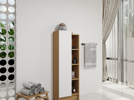 Tall Freestanding Bathroom Side Cabinet With Single Door & 4 Tier Open Shelves - Black / Light Oak / White