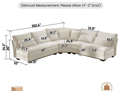 5 Seater L Shaped Sectional Sofa With Curved Corner, 7 Pillows