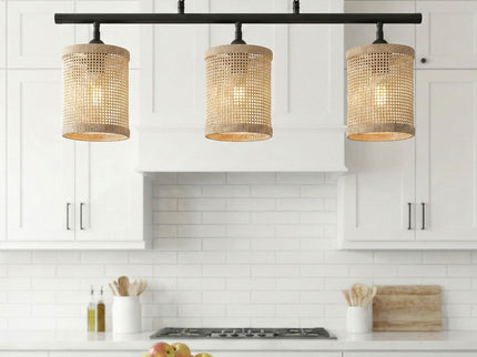 Elysian - 3 Lights Island With Natural Shade Farmhouse Chain Ceiling Lamp - Black / Rattan