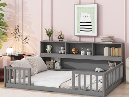 Floor Bed With Side Bookcase, Shelves, Guardrails