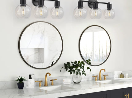 3 Light Globe Bathroom Vanity Light With Clear Glass Shades - Black