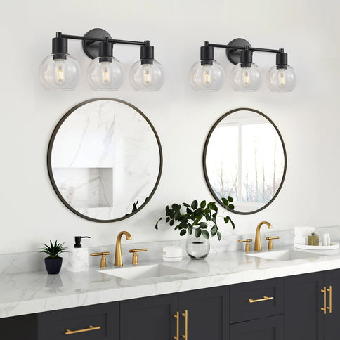 3 Light Globe Bathroom Vanity Light With Clear Glass Shades - Black