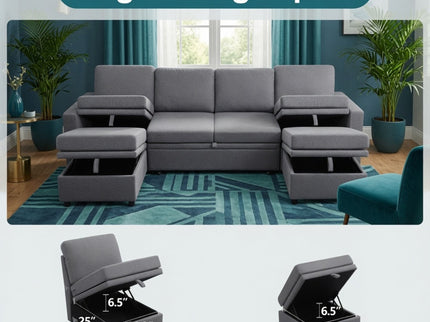 Extra Wide U - Shape Convertible Sleeper Sofa Bed With Dual Storage Ottoman