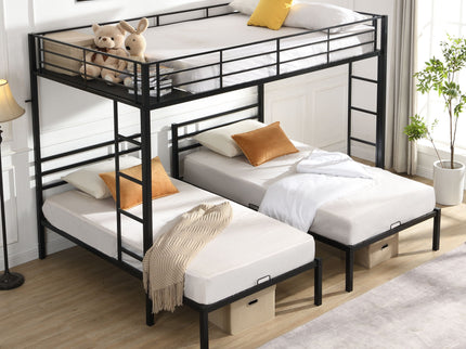 Modern Metal Triple Bunk Bed With Vertical Ladder, Safety Rail, And Storage Shelf - Black