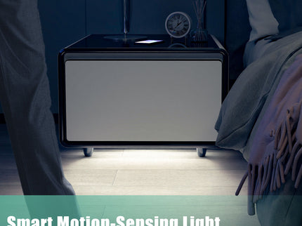 Modern Smart Side Table With Built-In Fridge, Wireless Charging, Temperature Control, Power Socket, USB Ports, Outlet Protection, Induction Light