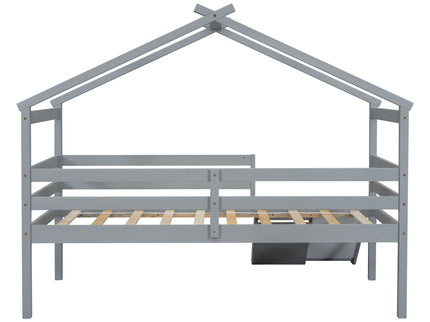 Low Loft House Bed With Slide, Ladder, Safety Guardrails, House Roof Frame