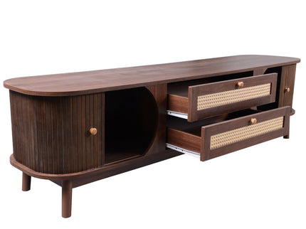 TV Stand For TVs Up To 75'', Cabinet With Drawers And Sliding Doors, Living Room Entertainment Console - Natural Wood / Brown