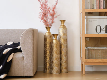 Metal Decorative Vases High Distress Metal Center Vases With Growing Vine Patterns, (Set of 3) Vases For Home Decoration - Gold