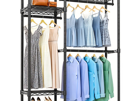 Freestanding Clothes Rack, With 6 Adjustable Wire Shelves And 3 Garment Rails - Black