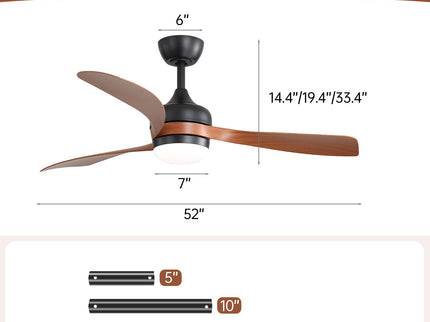 Ceiling Fan With 3 Blades, Remote Control, Reversible DC Motor, Noiseless Operation, 3 Downrods