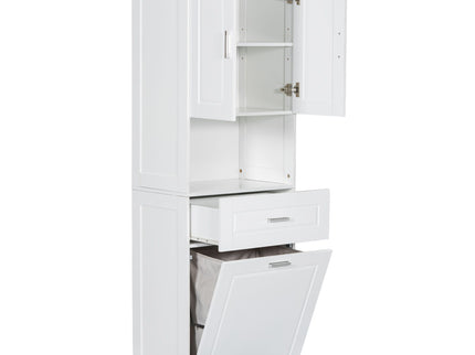 Tall Bathroom Cabinet With Tilt-Out Laundry Basket And Upper Storage