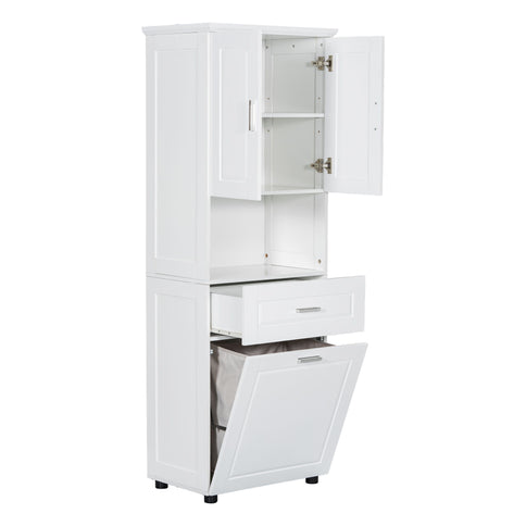 Tall Bathroom Cabinet With Tilt-Out Laundry Basket And Upper Storage