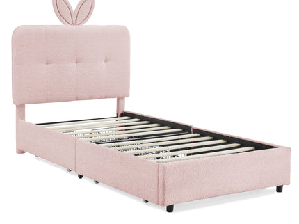 Upholstered Bed With Oversized Rabbit Ear Headboard, LED Lights & 4 Storage Drawers