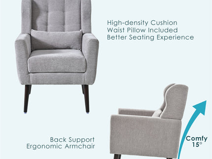 Modern Accent Chair, Arm Chairs For Living Room, Upholstered Mordern Armchair, Comfy Soft Padded Lounge Chair In Small Space, Bedroom, With Pillow, Solid Wood Leg