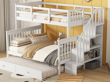 Bunk Bed With Twin Size Trundle, Storage And Guard Rail For Bedroom