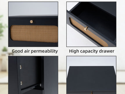 2 Drawer Rattan Nightstand For Bedroom And Living Room, End Table, Side Table With 2 Hand Made Rattan Decorated Drawers - Black