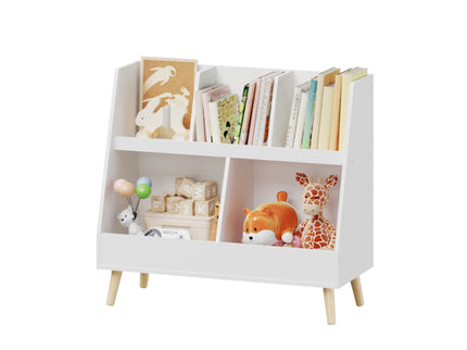 Kids Bookshelf And Toy Organizer, 5 Cubbies Wooden Open Bookcase, 2-Tier Baby Storage Display Organizer With Legs, Free Standing For Playing Room, Bedroom, Nursery, Classroom - White