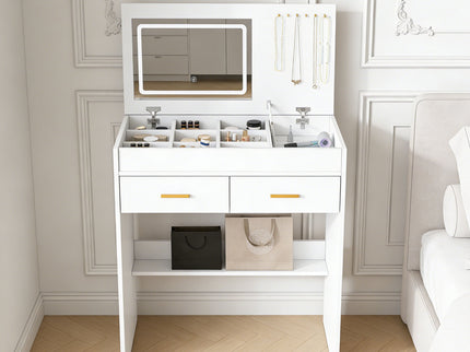 Flip Top Vanity Desk With LED Mirror & Outlet Makeup Table With 2 Drawers, Open Storage, And Jewelry Hooks - White