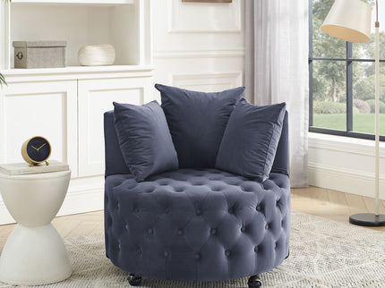 Modern Upholstered Swivel Chair With Button Tufted Design And Movable Wheels