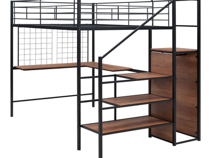 Loft Bed With Desk And Grid, Stylish Frame With Lateral Storage Ladder And Wardrobe