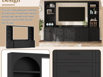Arched Entertainment Center Wall Unit With 6 Drawers, Large TV Stand With Bookshelves
