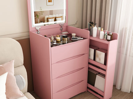 Flip Mirror Vanity Desk With Adjustable LED Lights & Stool For Bedroom