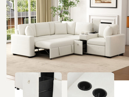 Modular L-Shaped Sectional Sofa Bed With Pull-Out Sleeper, Cup Holders, And Storage