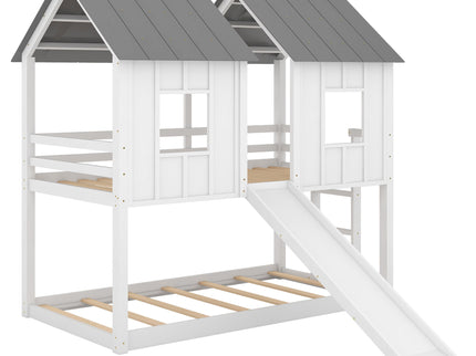 Twin Over Twin House Bunk Bed With Slide And Windows - White / Gray