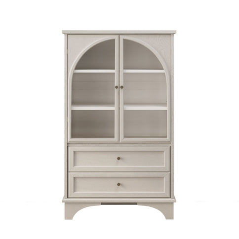 Glass Door Display Case With 2 Drawers And Adjustable Shelf