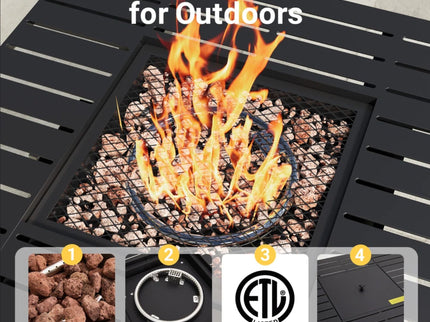 Square 2 In 1 Outdoor Propane Fire Pit Table With Stainless Burner, Lava Rocks, Lid & Waterproof Cover - Black