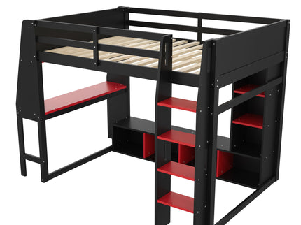 Gaming Loft Bed With Desk, Multi Storage Shelves, LED Lighting, And Hanging Clothes Rack