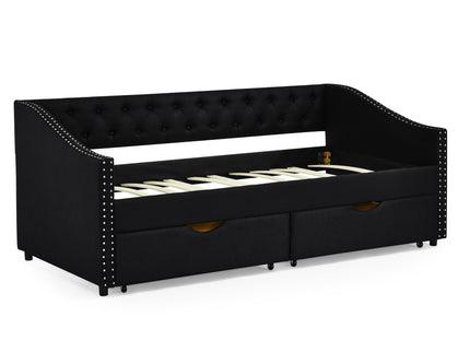 Upholstered Tufted Daybed With 2 Drawers, Waved Arms