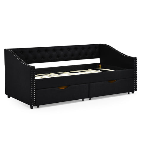 Upholstered Tufted Daybed With 2 Drawers, Waved Arms