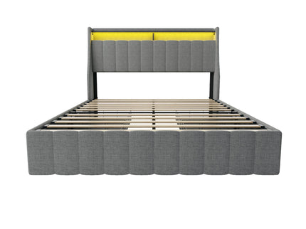 Bed With LED Lights, 4 Drawers, Winged Headboard Upholstered