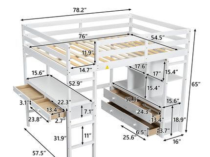 Full Size Loft Bed With Built In Desk, 2 Drawers, Storage Shelves - White