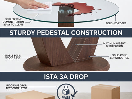 2 In 1 Round Glass Dining Table With Adjustable Curved Base, - Transparent / Walnut