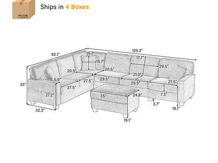 Upholstered U-Shaped Sectional Sofa With Movable Ottoman And Side Storage Pockets