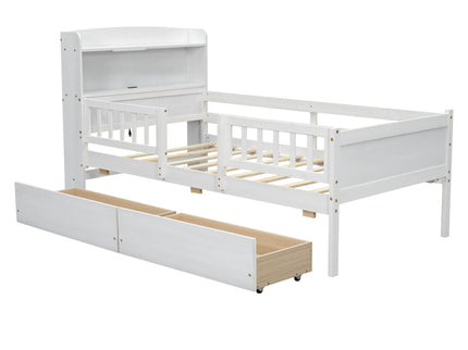 Platform Bed With LED Light, Multi Functional Headboard, Guardrail And 2 Drawers