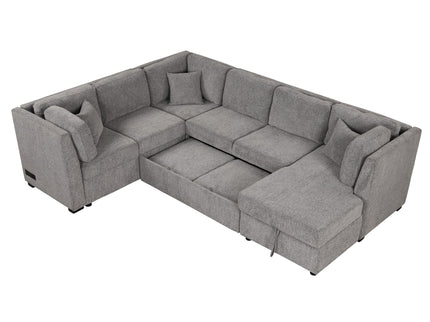 U-Shaped Sectional Sofa Pull Out Sofa Bed With Two USB Ports, Two Power Sockets, Three Back Pillows And A Storage Chaise For Living Room