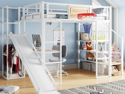 Loft Bed With Built In Desk, Open Wardrobe, Basketball Hoop, Slide And Staircase