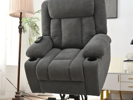 Power Lift Recliner Chair With Extended Footrest, Remote Control, Cup Holders, And Side Pockets