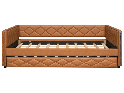 Upholstered Full Long Daybed With Trundle And LED Armrests - Brown