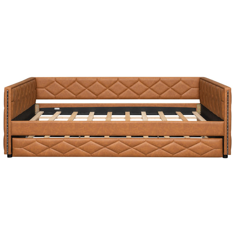 Upholstered Full Long Daybed With Trundle And LED Armrests - Brown