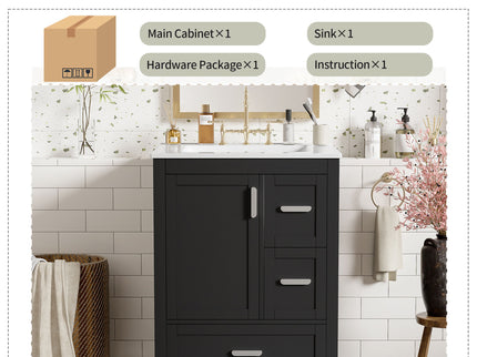 Bathroom Vanity With Sink, Soft-Close Doors, Double-Layer Shelf And 3 Drawers